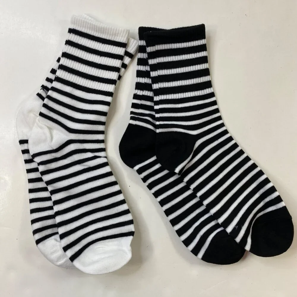 Womens Crew Socks Set 2 Striped Black White